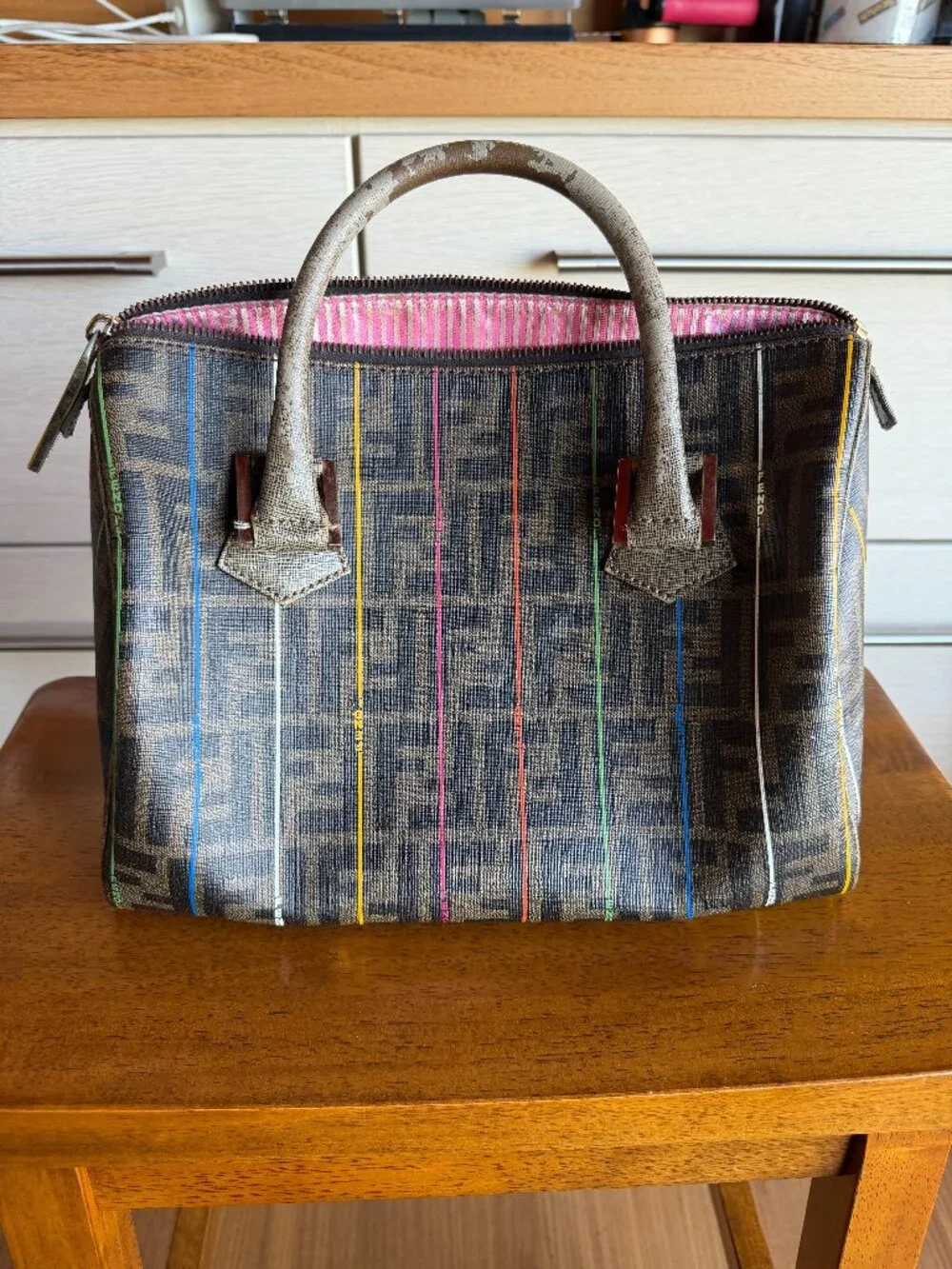 Authentic Fendi Zucca Striped Boston Bag
